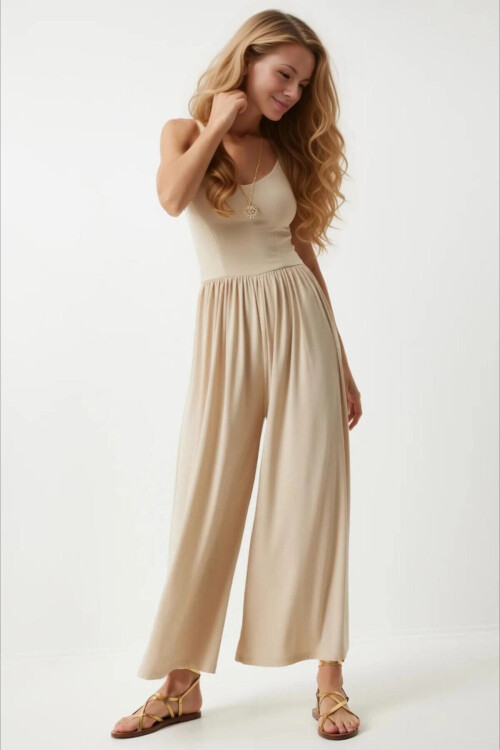 Kadın Krem Ayarlanabilir Askılı Beli Lastikli Bol Paça Yazlık Örme Tulum PLD24S-3206
