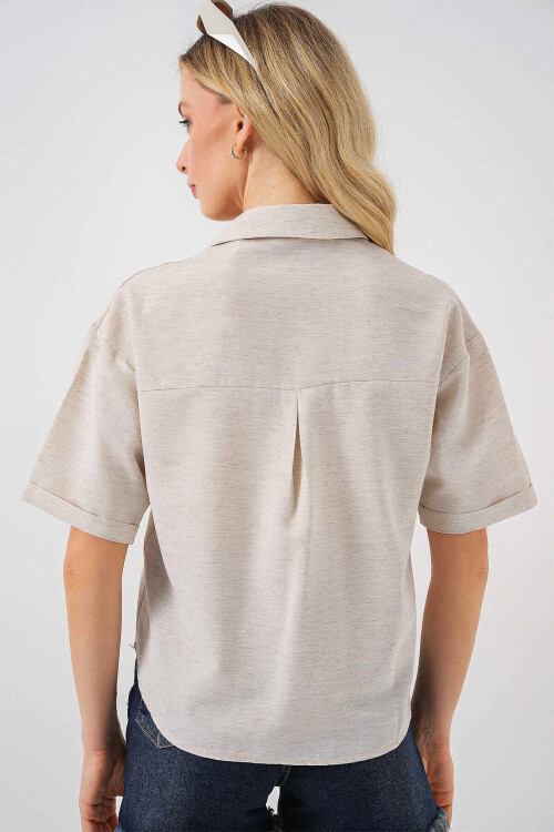 Kadın Krem Keten Görünümlü Crop Gömlek PLD25S-3117