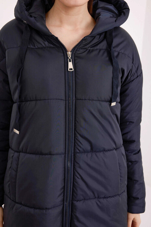 Kadın Lacivert Kapşonlu Uzun Oversize Şişme Mont PLD22W-3172