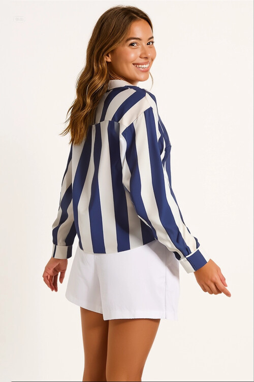 Kadın Lacivert Krem Çizgili Saten Gömlek HZL23S-BD1201731