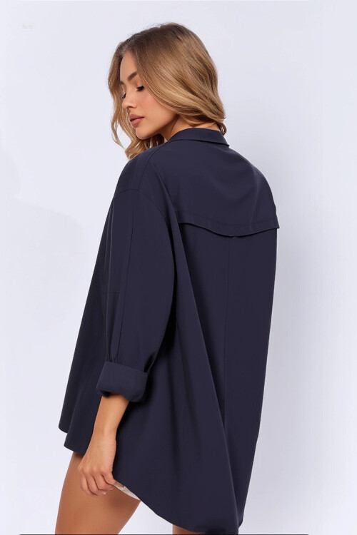 Kadın Lacivert Oversize Uzun Basic Gömlek HZL22W-BD139001