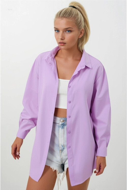 Kadın Lila Oversize Uzun Basic Gömlek PLD22W-3118
