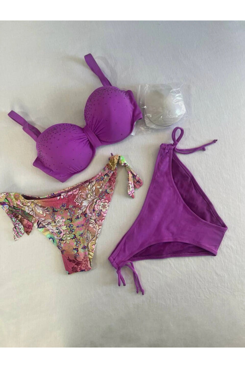 Kadın Lila Taş İşlemeli 3 Parça Bikini Takım PLD25S-3014