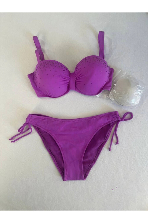 Kadın Lila Taş İşlemeli 3 Parça Bikini Takım PLD25S-3014