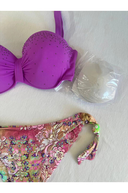Kadın Lila Taş İşlemeli 3 Parça Bikini Takım PLD25S-3014