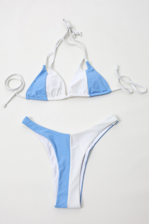 Kadın Mavi Beyaz İp Bağlamalı Yüksek Bel Bikini Takım PLD24S-3033