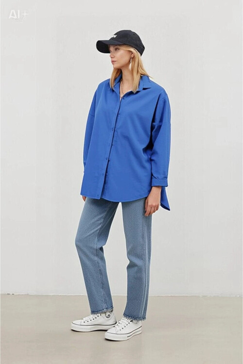 Kadın Mavi Oversize Uzun Basic Gömlek PLD22W-3118