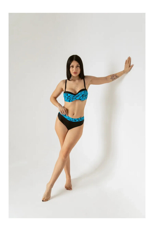 Kadın Mavi Siyah Desenli Astarlı Büyük Beden Bikini Takımı PLD25S-3009