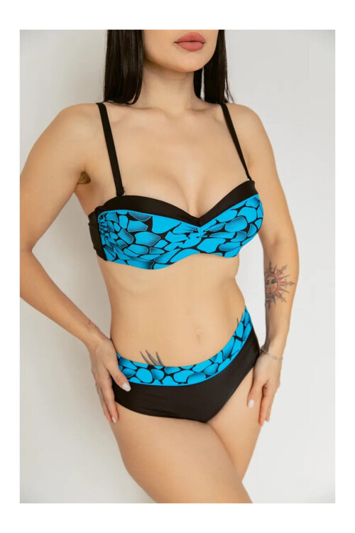 Kadın Mavi Siyah Desenli Astarlı Büyük Beden Bikini Takımı PLD25S-3009
