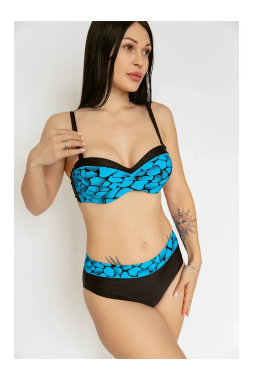 Kadın Mavi Siyah Desenli Astarlı Büyük Beden Bikini Takımı PLD25S-3009