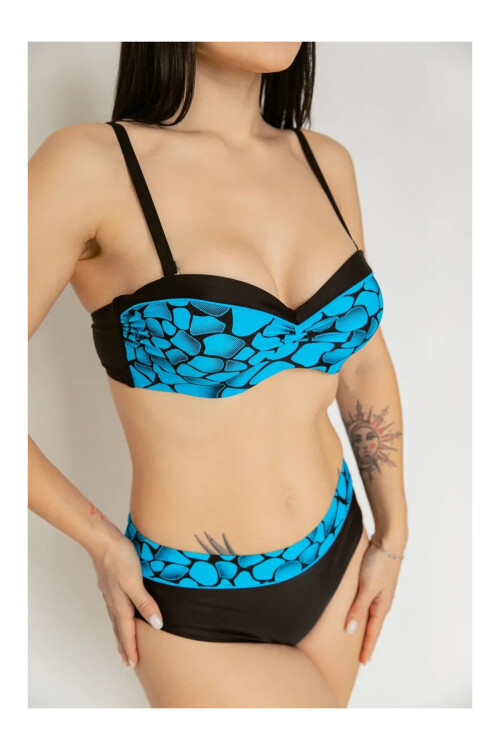 Kadın Mavi Siyah Desenli Astarlı Büyük Beden Bikini Takımı PLD25S-3009