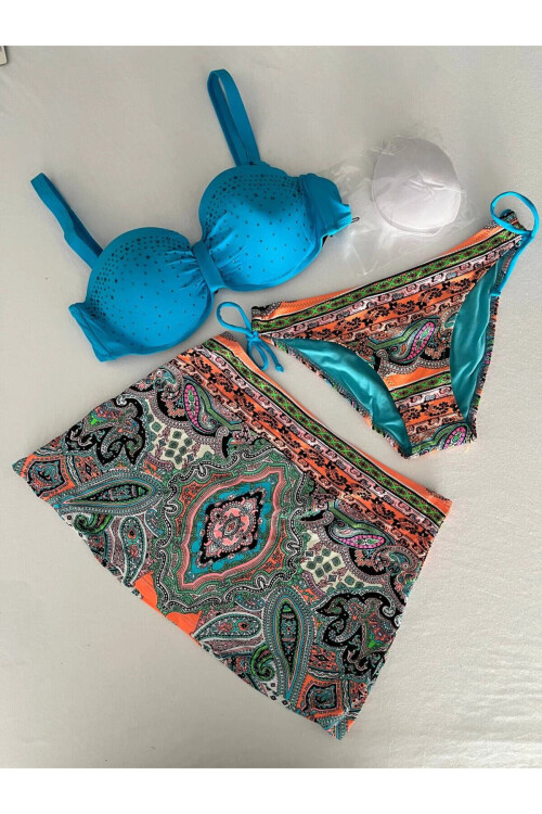 Kadın Mavi Taş İşlemeli Desenli 3 Parça Bikini Takım PLD25S-3025