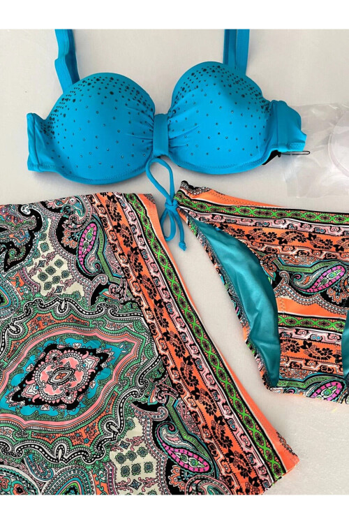 Kadın Mavi Taş İşlemeli Desenli 3 Parça Bikini Takım PLD25S-3025