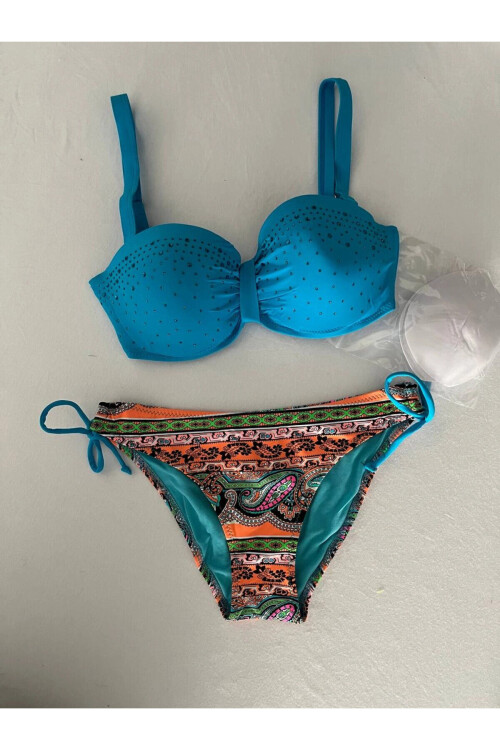 Kadın Mavi Taş İşlemeli Desenli 3 Parça Bikini Takım PLD25S-3025