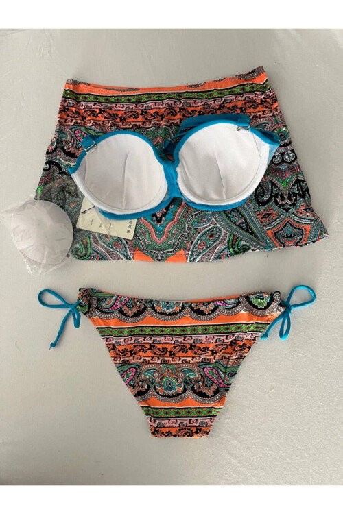 Kadın Mavi Taş İşlemeli Desenli 3 Parça Bikini Takım PLD25S-3025