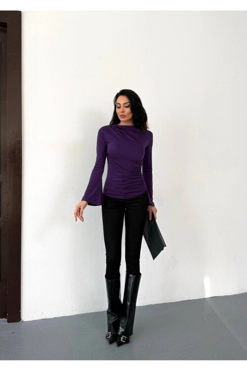 Kadın Mor Drape Detaylı İspanyol Kol Sany Bluz PLD25W-3047