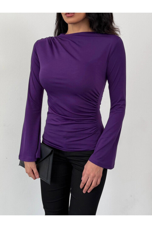 Kadın Mor Drape Detaylı İspanyol Kol Sany Bluz PLD25W-3047