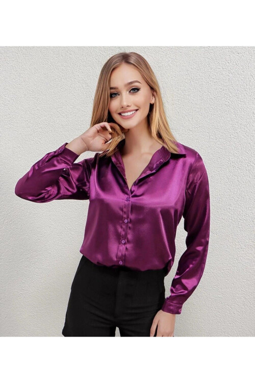 Kadın Mor Saten Yüzeyli Tesettür Gömlek PLD25W-3191