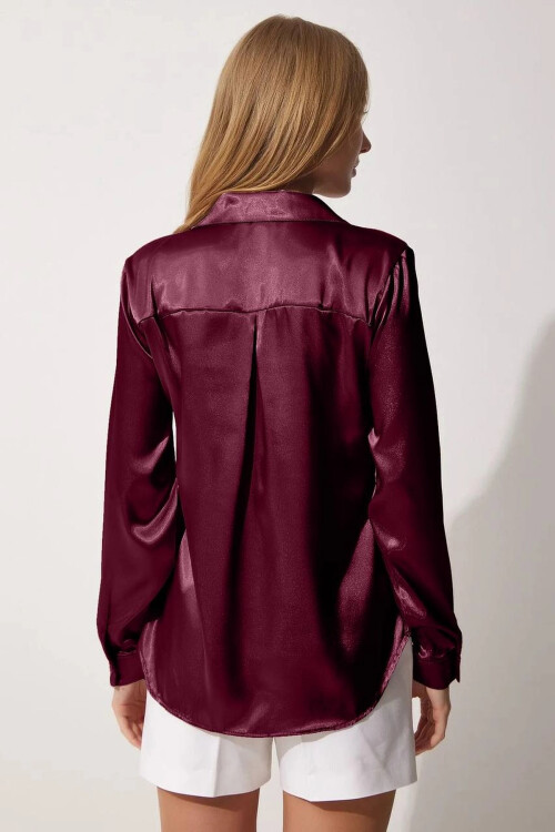 Kadın Mürdüm Hafif Dökümlü Saten Yüzeyli Gömlek Hzl22w-bd139641