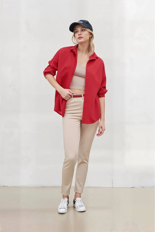 Kadın NAR Çiçeği Oversize Uzun Basic Gömlek PLD22W-3118