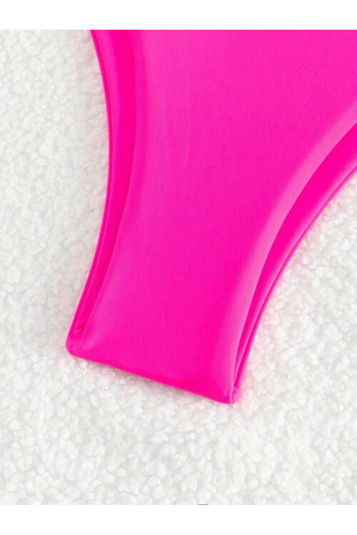 Kadın Neon Pembe İp Detaylı Astarlı V Kesim Üçgen Bikini Takım PLD24S-3036