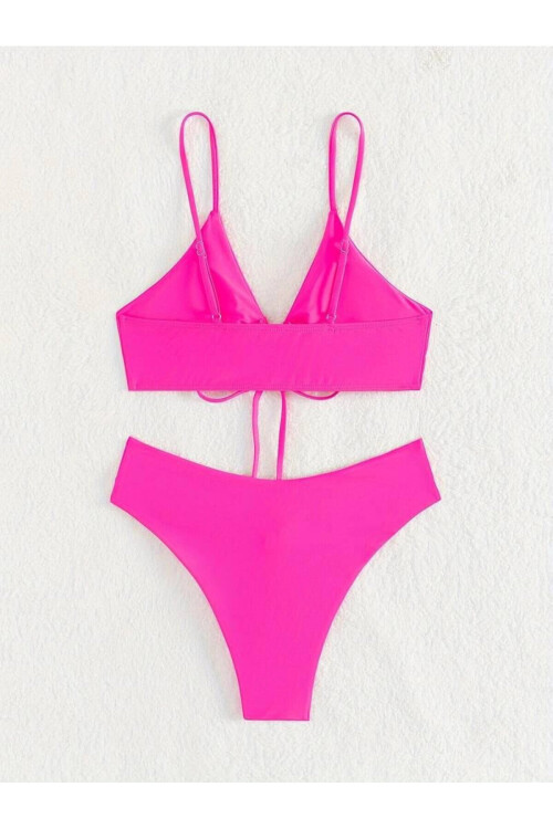 Kadın Neon Pembe İp Detaylı Astarlı V Kesim Üçgen Bikini Takım PLD24S-3036