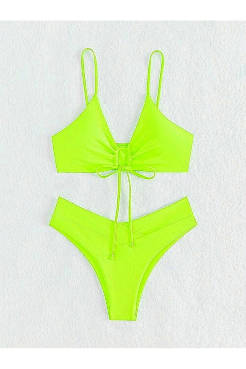 Kadın Neon Yeşil İp Detaylı Astarlı V Kesim Üçgen Bikini Takım PLD24S-3036