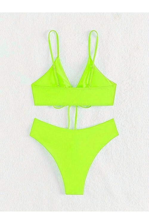 Kadın Neon Yeşil İp Detaylı Astarlı V Kesim Üçgen Bikini Takım PLD24S-3036