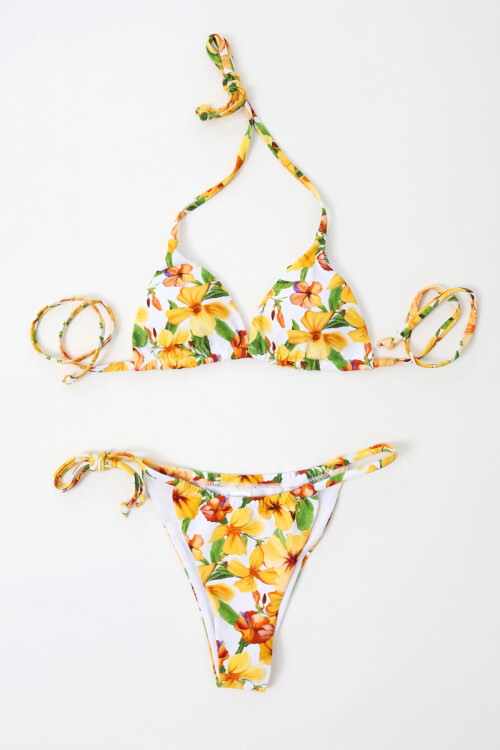 Kadın Oranj Çiçek Desenli Astarlı İp Bağlamalı Üçgen Bikini Takım PLD24S-3035