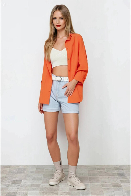 Kadın Oranj Oversize Uzun Basic Gömlek PLD22W-3118