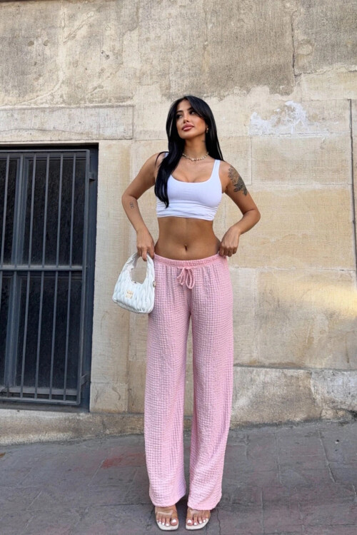 Kadın Pembe Beli Lastikli Rahat Kesim Bürümcük Pantolon PLD25S-3177