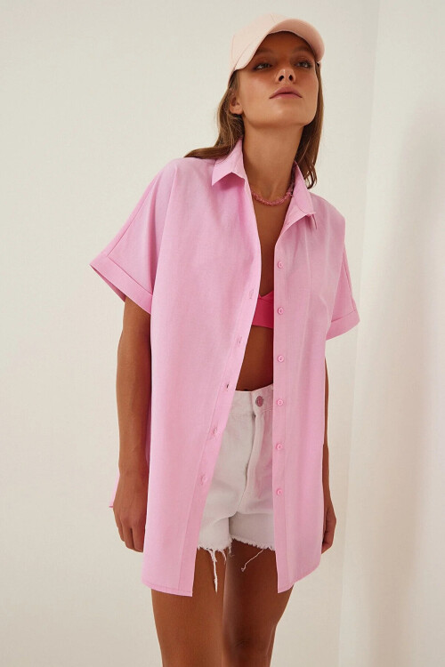 Kadın Pembe Oversize Uzun Kısa Kollu Basic Poplin Gömlek PLD22S-3125