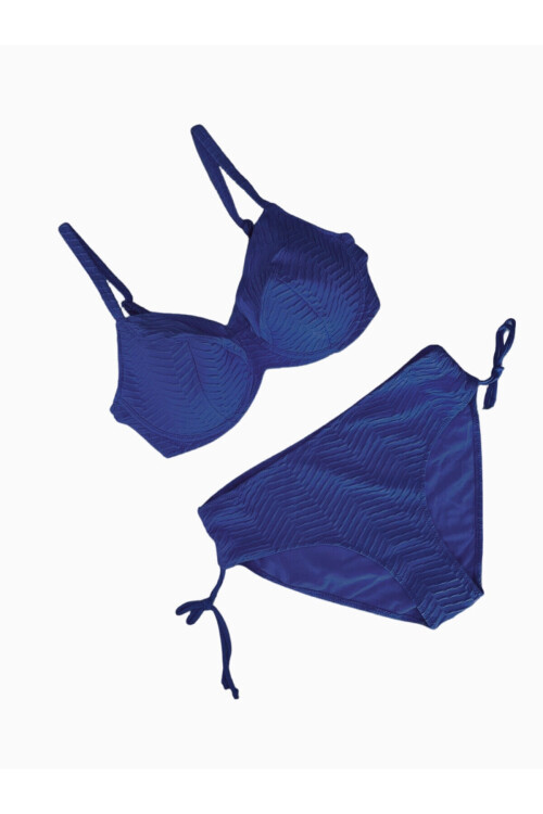 Kadın Saks Mavi Desenli Büyük Beden Astarlı Bikini Takım PLD25S-3022