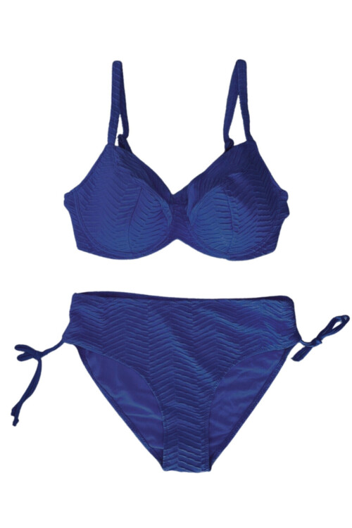 Kadın Saks Mavi Desenli Büyük Beden Astarlı Bikini Takım PLD25S-3022