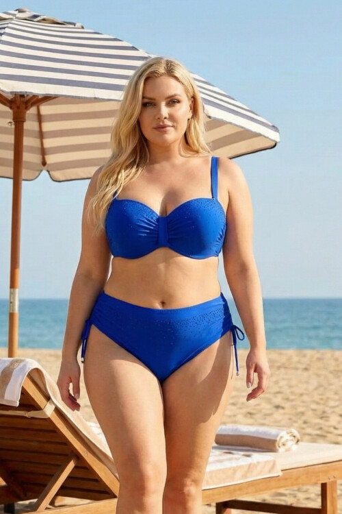 Kadın Saks Mavi Taş İşlemeli Astarlı Bikini Takım PLD25S-3016
