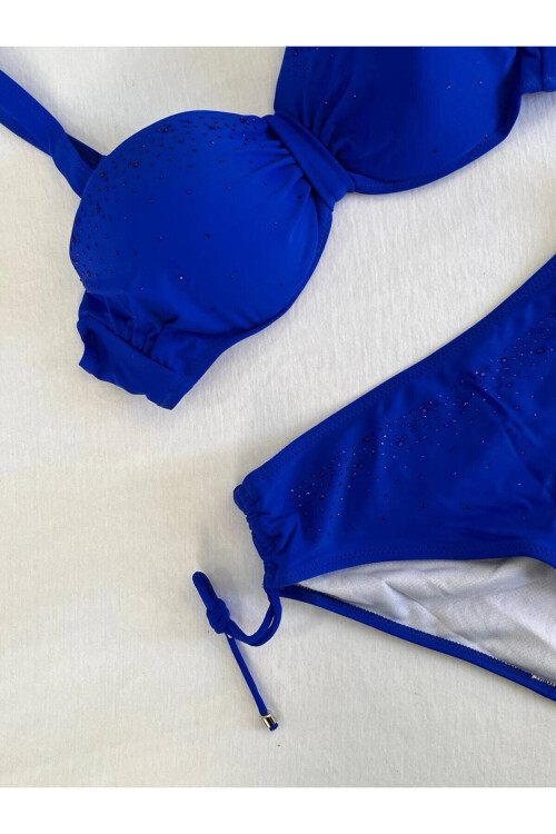 Kadın Saks Mavi Taş İşlemeli Astarlı Bikini Takım PLD25S-3016