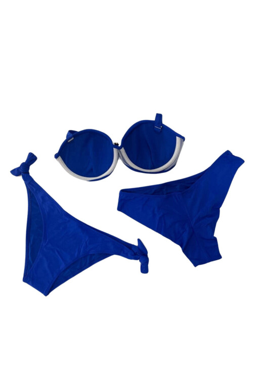 Kadın Saks Mavi Taş İşlemeli Tokalı Astarlı Bikini Takım PLD24S-3007