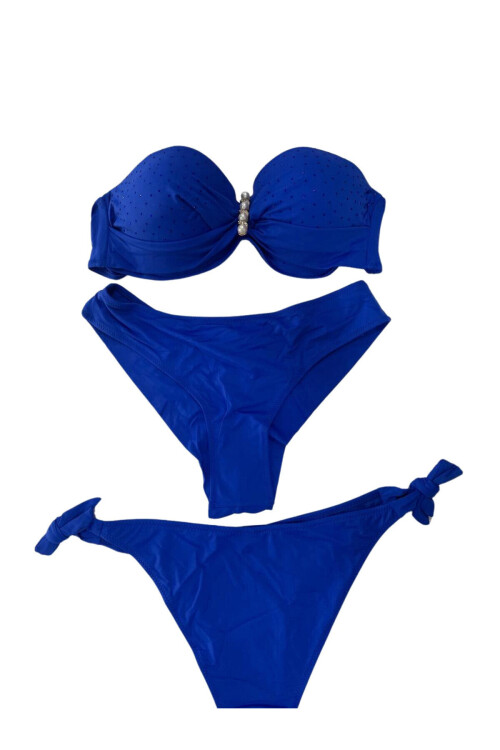 Kadın Saks Mavi Taş İşlemeli Tokalı Astarlı Bikini Takım PLD24S-3007