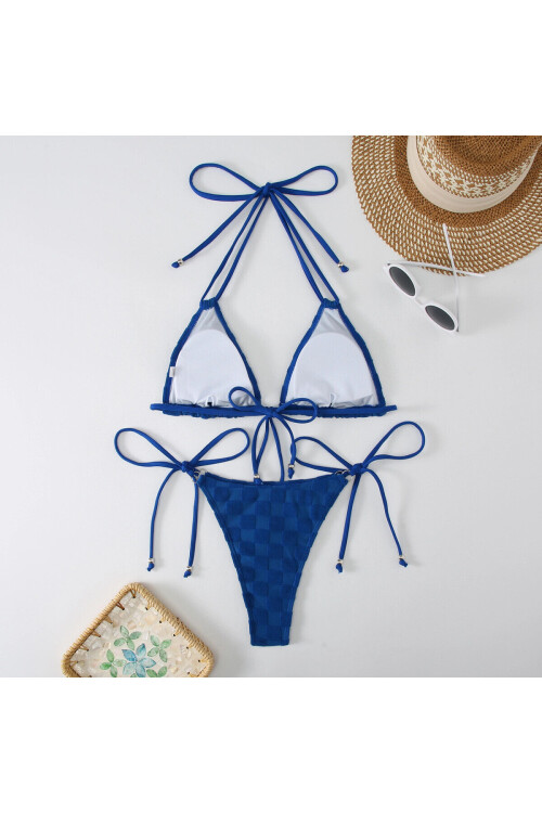 Kadın Saks Mavisi İp Bağlamalı Aksesuarlı Astarlı Yüksek Bel Üçgen Bikini Takım PLD24S-3032