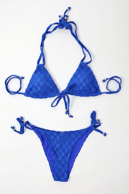 Kadın Saks Mavisi İp Bağlamalı Aksesuarlı Astarlı Yüksek Bel Üçgen Bikini Takım PLD24S-3032