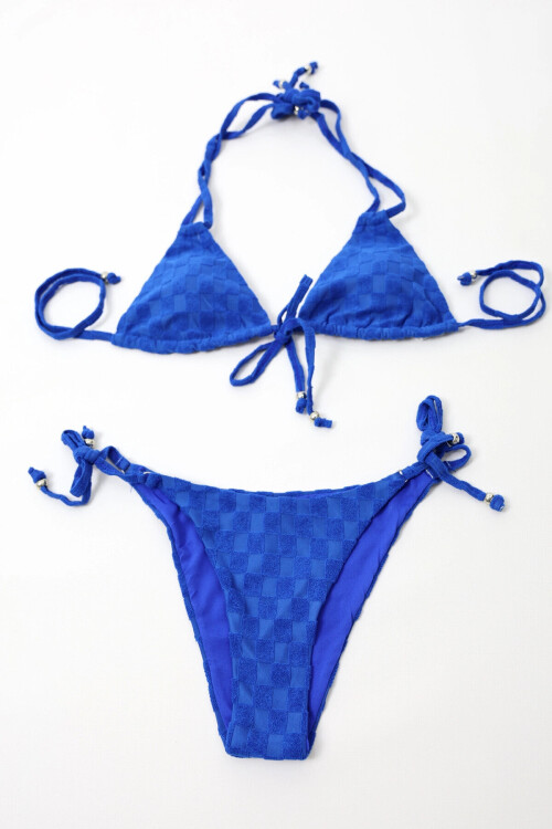 Kadın Saks Mavisi İp Bağlamalı Aksesuarlı Astarlı Yüksek Bel Üçgen Bikini Takım PLD24S-3032