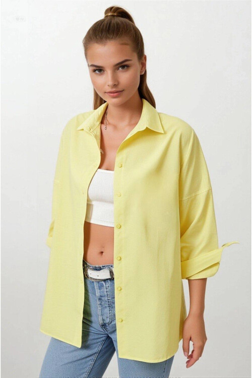 Kadın Sarı Oversize Uzun Basic Gömlek PLD22W-3118