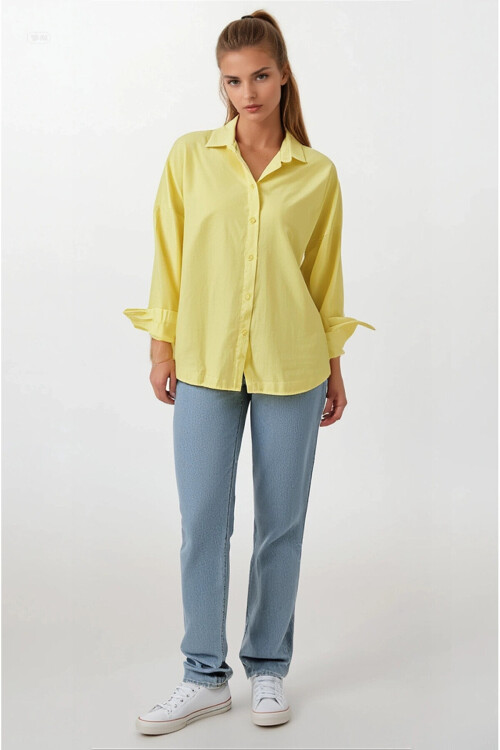 Kadın Sarı Oversize Uzun Basic Gömlek PLD22W-3118