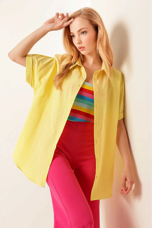 Kadın Sarı Oversize Uzun Kısa Kollu Basic Poplin Gömlek PLD22S-3125