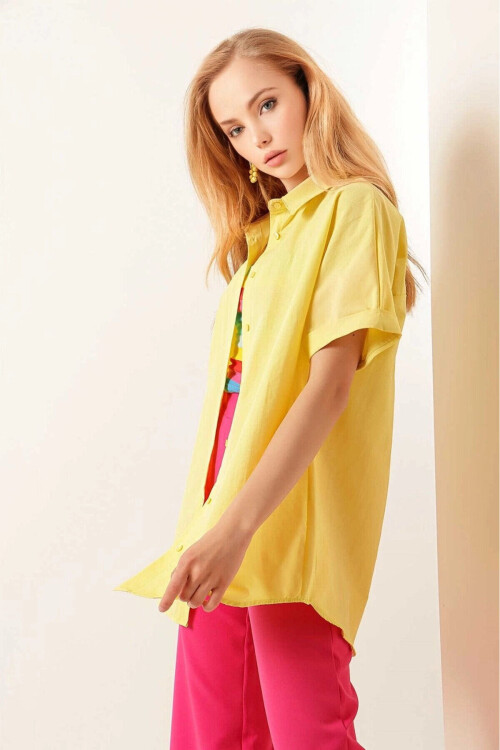 Kadın Sarı Oversize Uzun Kısa Kollu Basic Poplin Gömlek PLD22S-3125