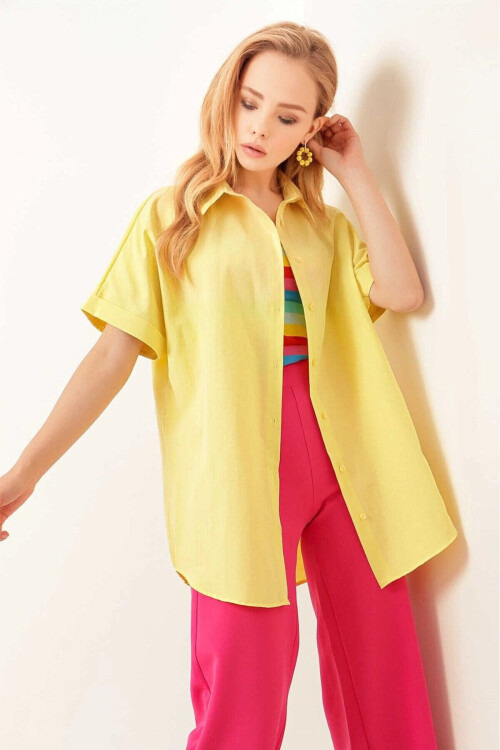 Kadın Sarı Oversize Uzun Kısa Kollu Basic Poplin Gömlek PLD22S-3125