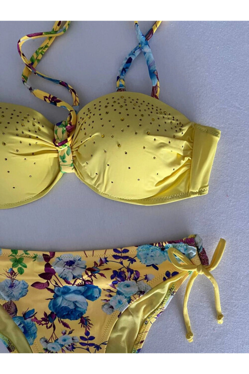 Kadın Sarı Taş İşlemeli Astarlı Bikini Takım PLD25S-3018