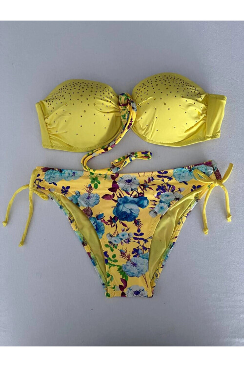 Kadın Sarı Taş İşlemeli Astarlı Bikini Takım PLD25S-3018