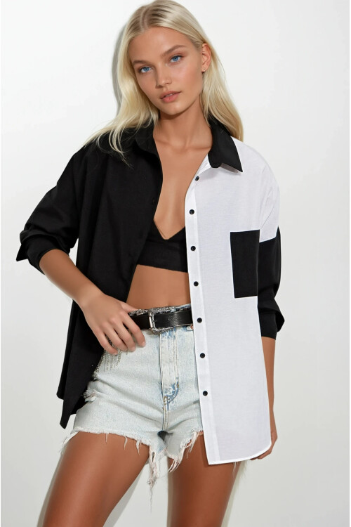 Kadın Siyah Beyaz Renk Bloklu Poplin Basic Gömlek HZL22S-BD1201161