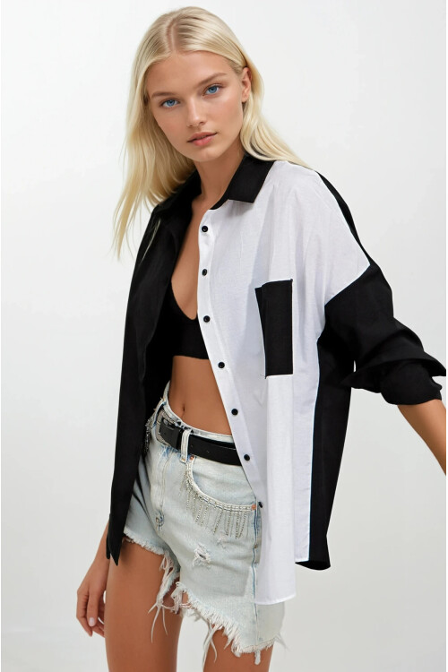 Kadın Siyah Beyaz Renk Bloklu Poplin Basic Gömlek HZL22S-BD1201161